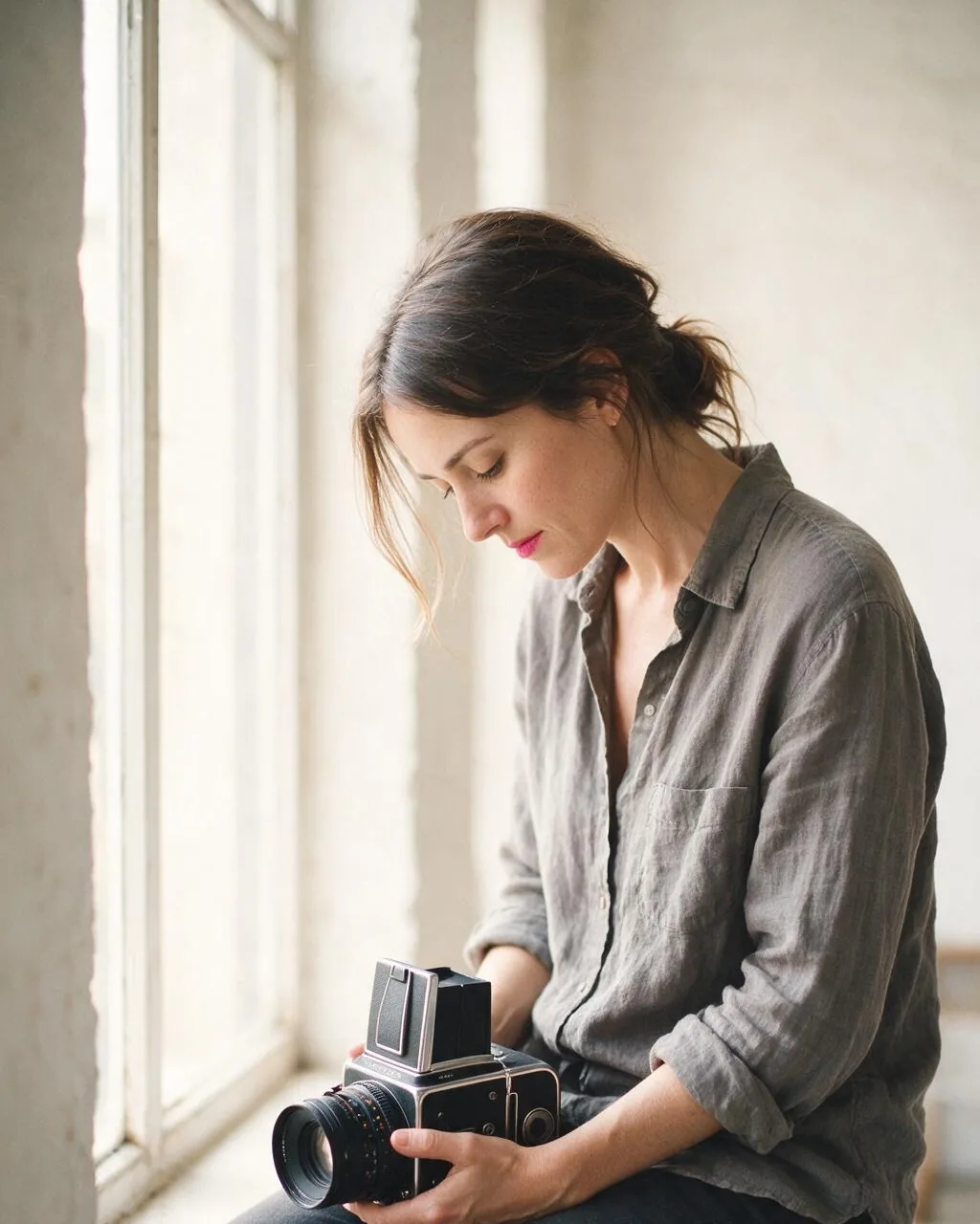 Linnea seated by a studio window, looking down at the medium format camera in her lap
