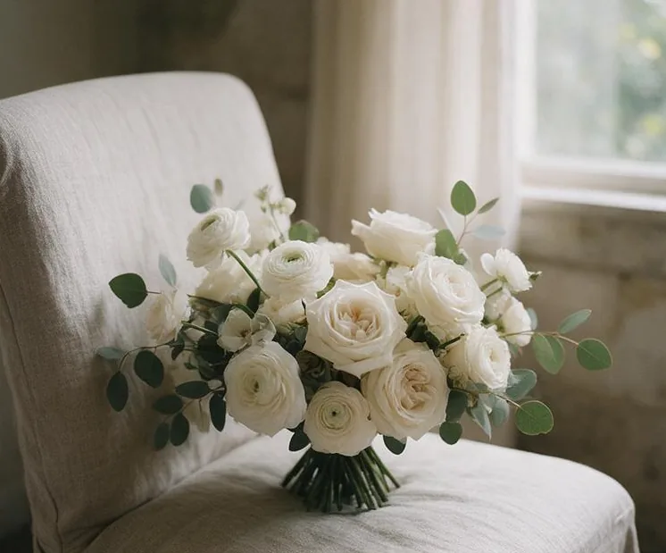 A loose bouquet of cream roses and eucalyptus on a linen chair