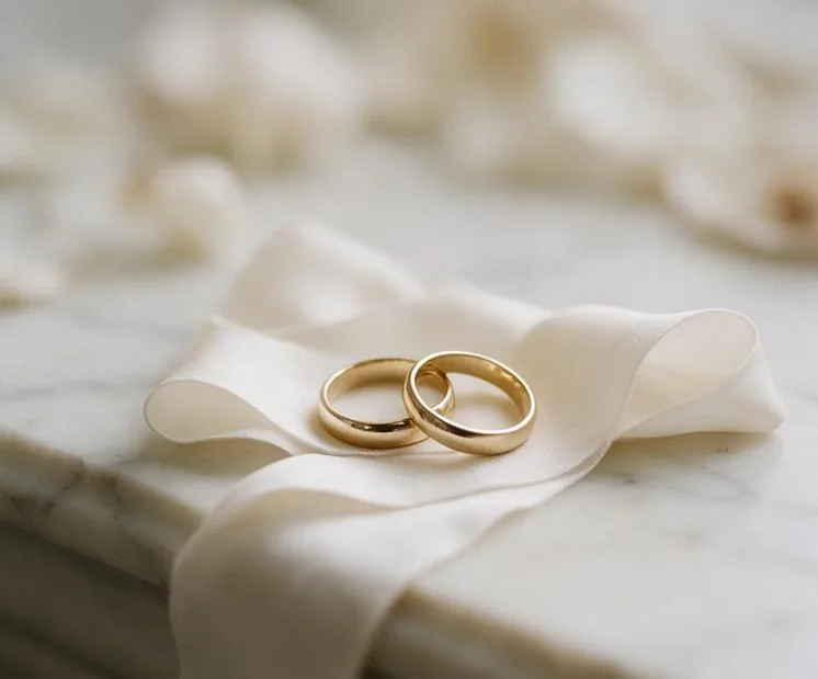 Two gold wedding bands on a folded silk ribbon on marble