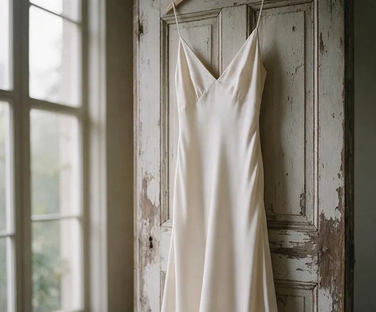 Ivory silk slip dress hanging on a weathered door in window light