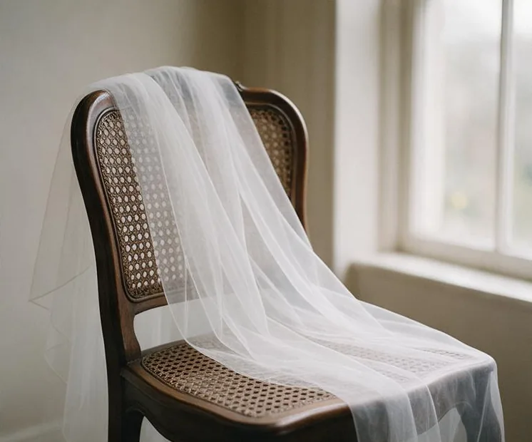 A tulle veil draped over a cane chair beside a tall window