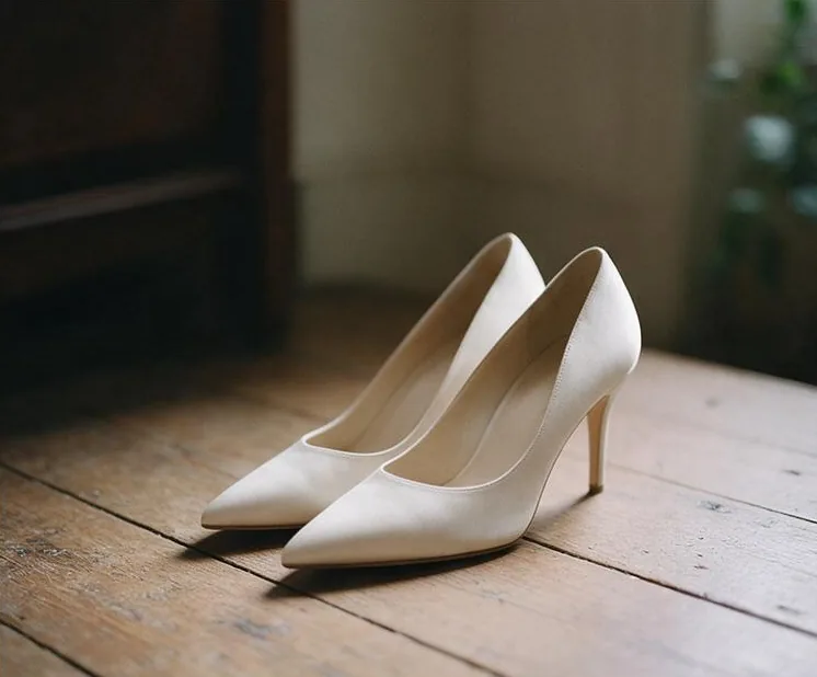 A pair of ivory satin heels on worn oak floorboards