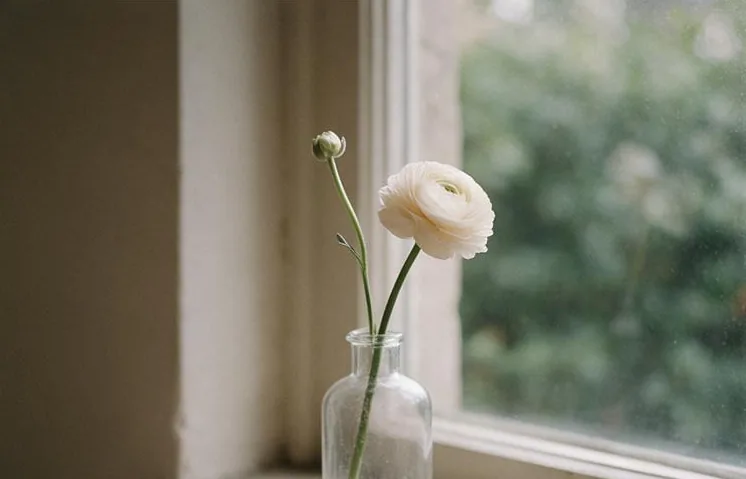 A single ranunculus in a glass bottle on a stone windowsill