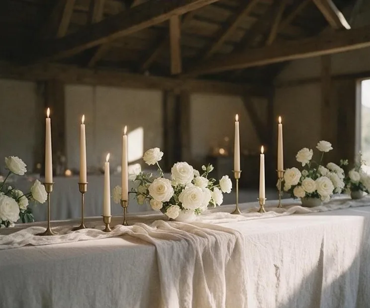 A long reception table with linen runner, taper candles and white roses under barn beams
