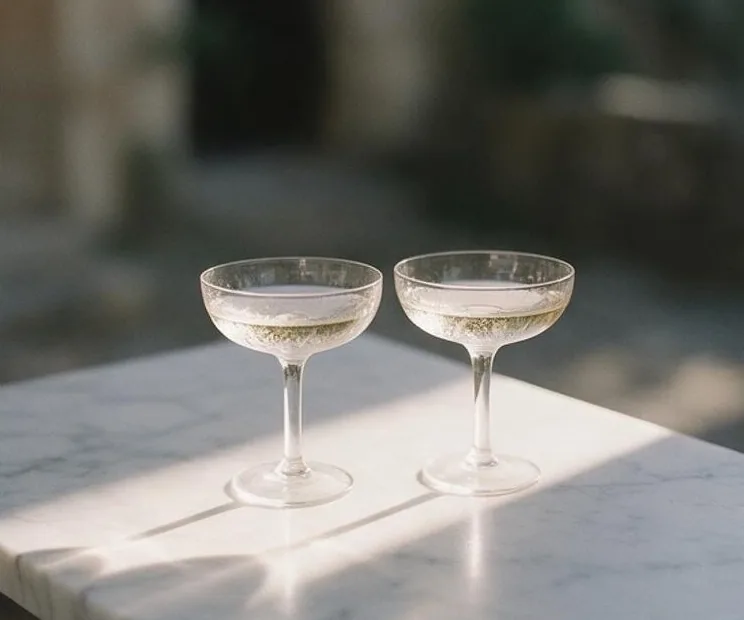 Two champagne coupes on a marble table in a sunbeam