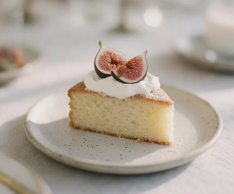 A slice of sponge cake with cream and figs on a speckled plate