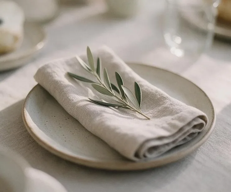 A folded linen napkin with a sprig of olive on a stoneware plate