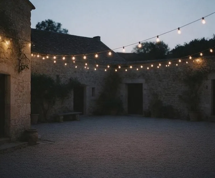 String lights over an empty stone courtyard at dusk