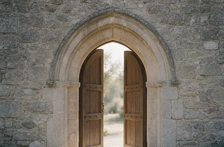An arched wooden chapel door standing open onto afternoon light