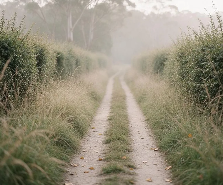 A narrow country lane between tall grasses in morning mist