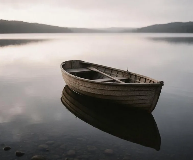 A wooden rowing boat resting on a still lake at dawn