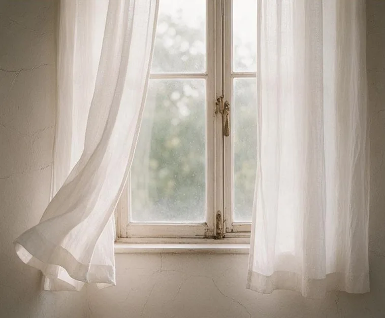 Sheer linen curtains lifting at a tall window