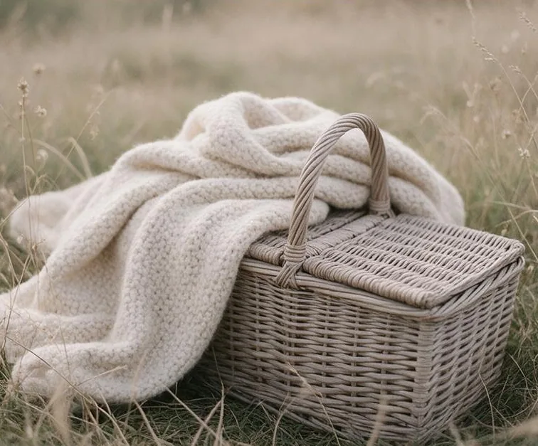A cream wool blanket and wicker basket in meadow grass