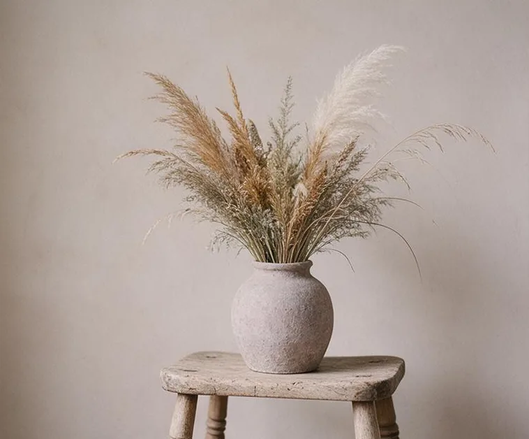 Dried grasses in a matte ceramic vase on a wooden stool