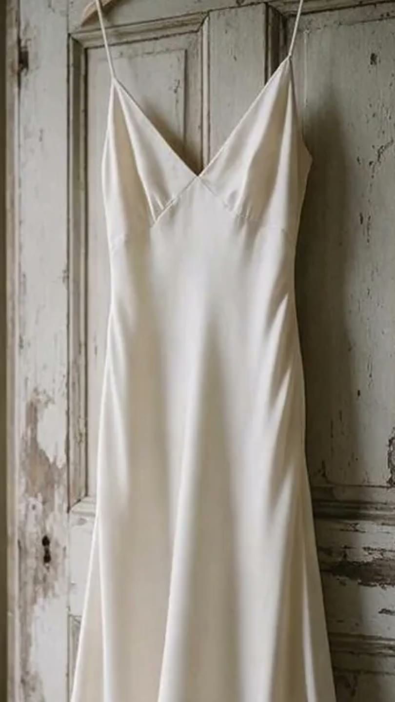 Ivory silk slip dress on a weathered door, stirring in a draught — a still from a short film