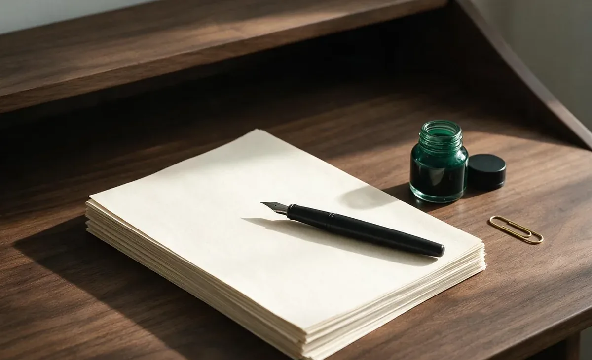 A stack of cream paper on a dark desk with a black fountain pen and an open bottle of dark green ink.