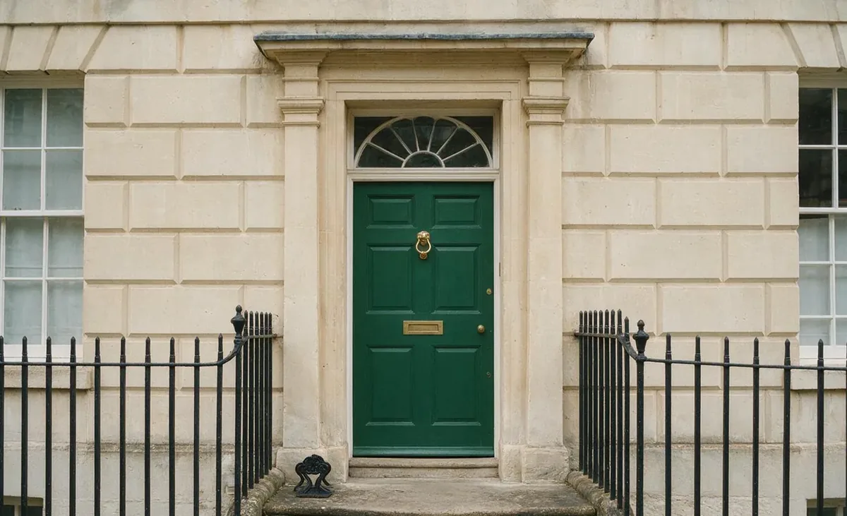 A dark green front door in a pale limestone Georgian terrace, with a brass knocker and two stone steps.