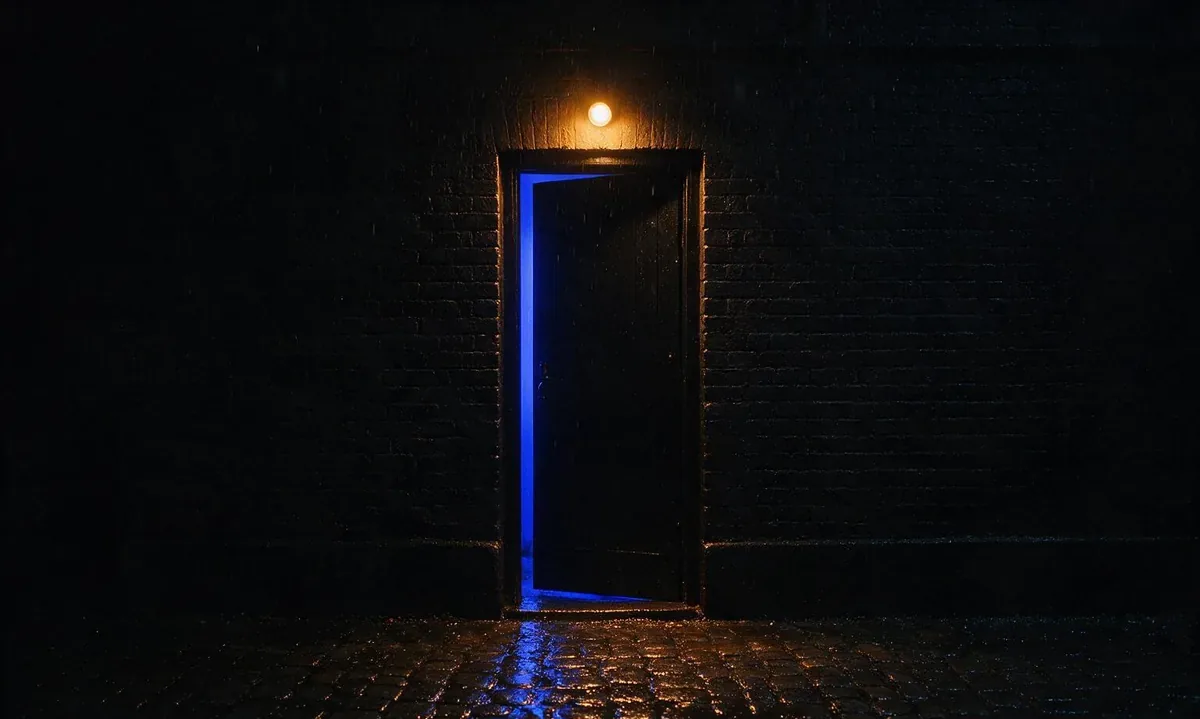 The unmarked black door of Velvet Hour at night, slightly open, with warm light spilling onto wet cobblestones and a small round lamp above.