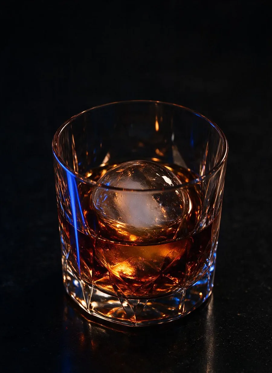 A cut-crystal rocks glass with a single clear ice sphere and a dark amber spirit, backlit on a black stone bar top.