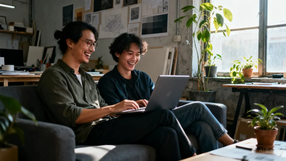 Two people on a sofa looking at a laptop