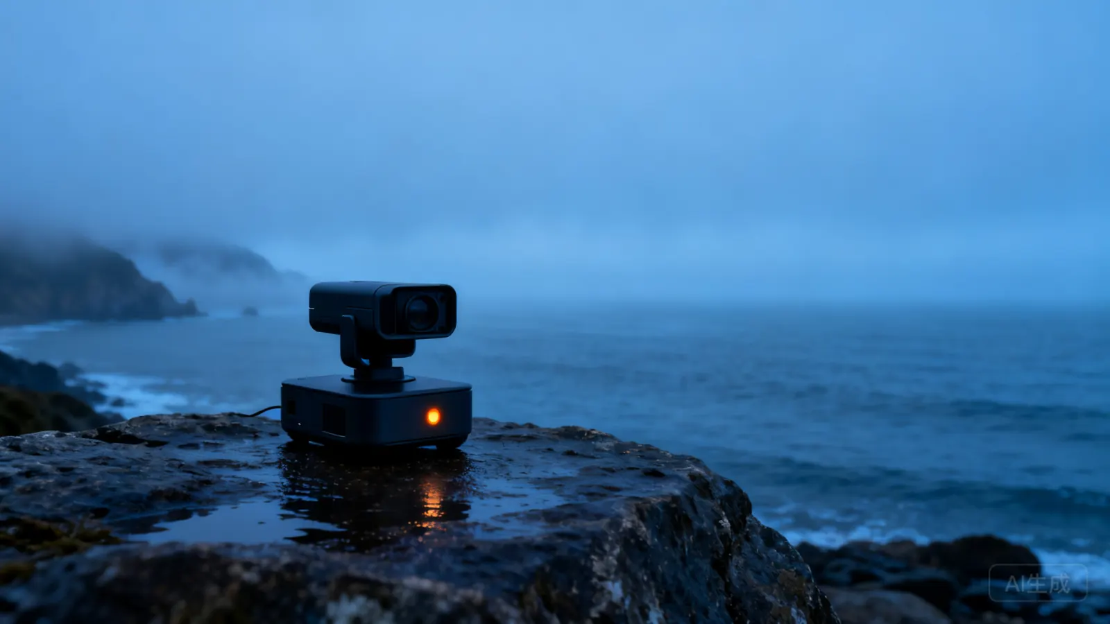 NAUTA autonomous unit on a misty coastline at dusk