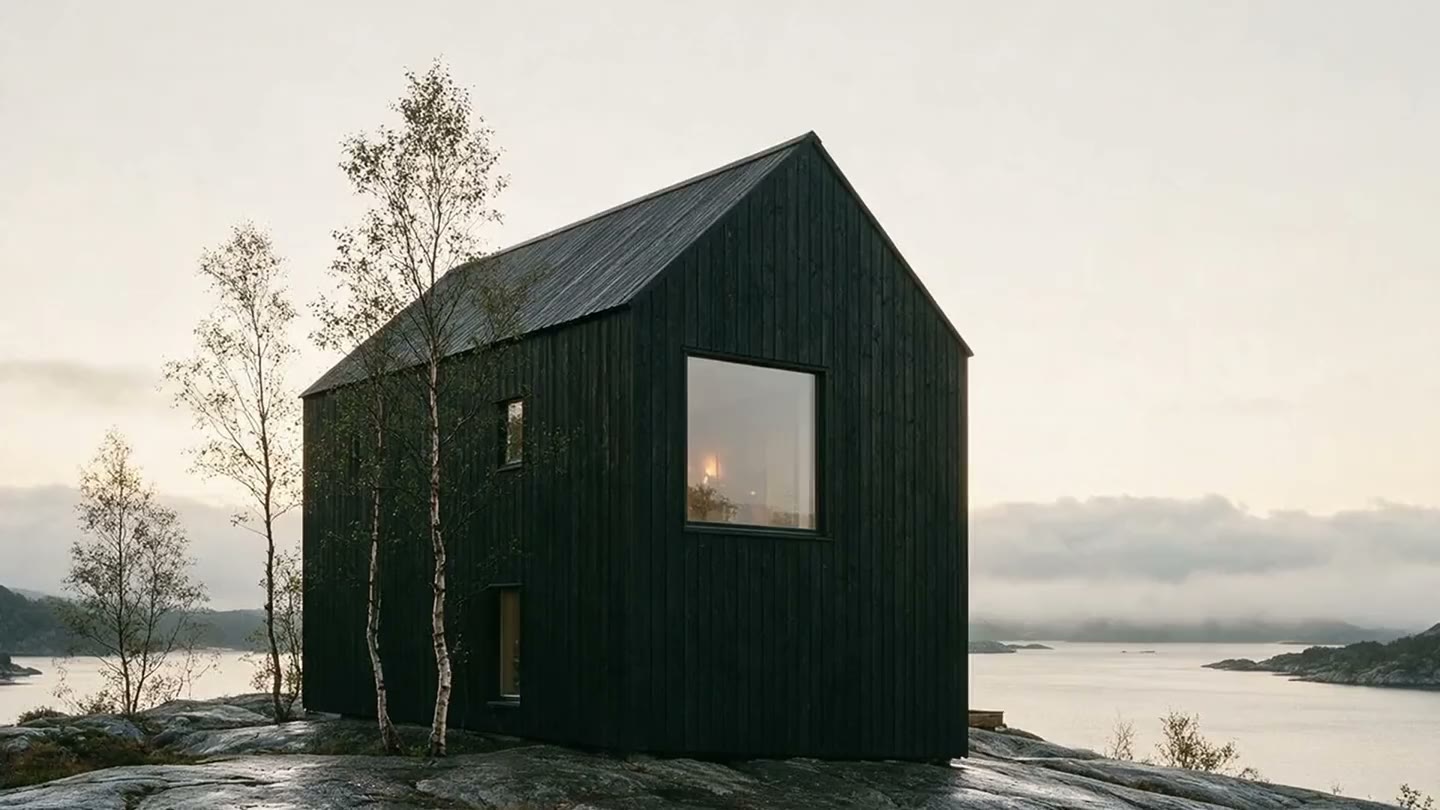 The dark pine facade of the Fjellsiden House above the fjord, light changing under low cloud