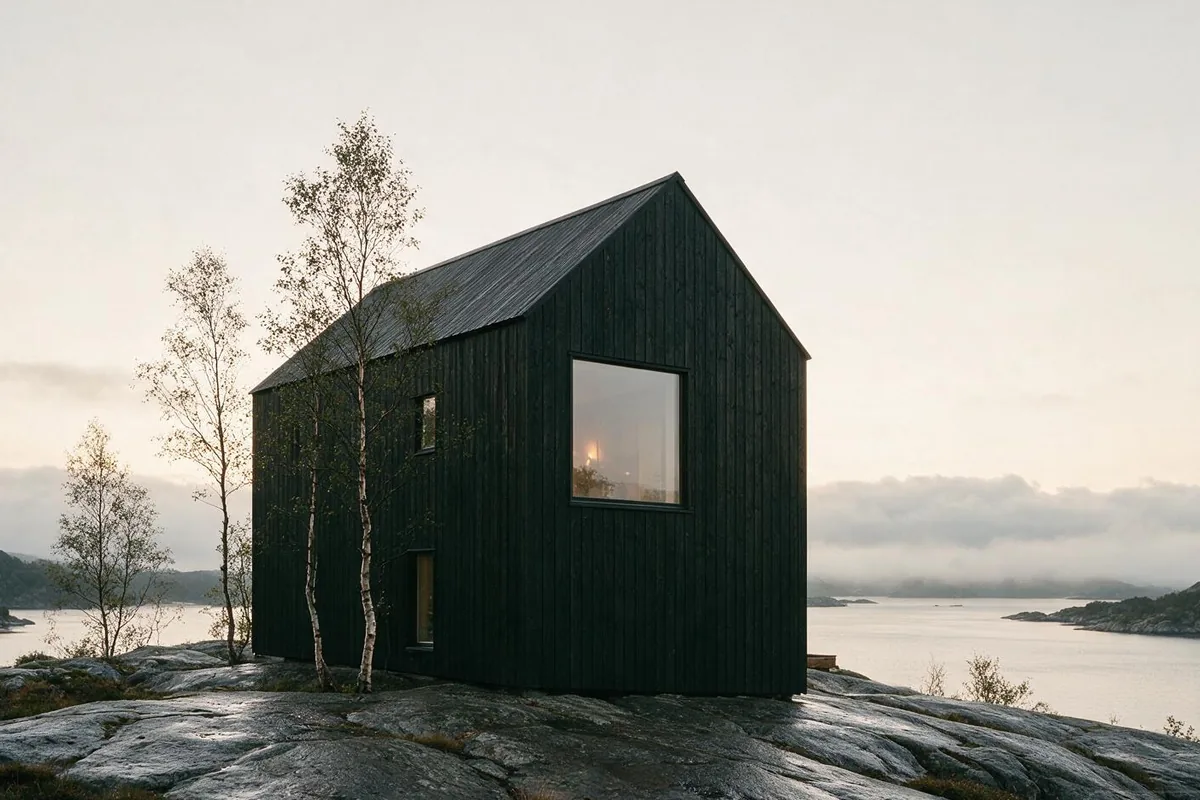 Two-storey house clad in dark-stained pine on a granite outcrop above a fjord, under low cloud