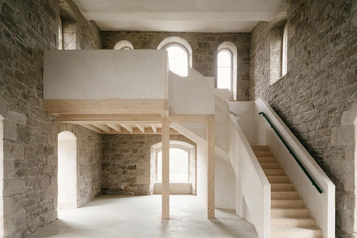 Interior of a converted stone warehouse with a new pale timber mezzanine and tall arched windows