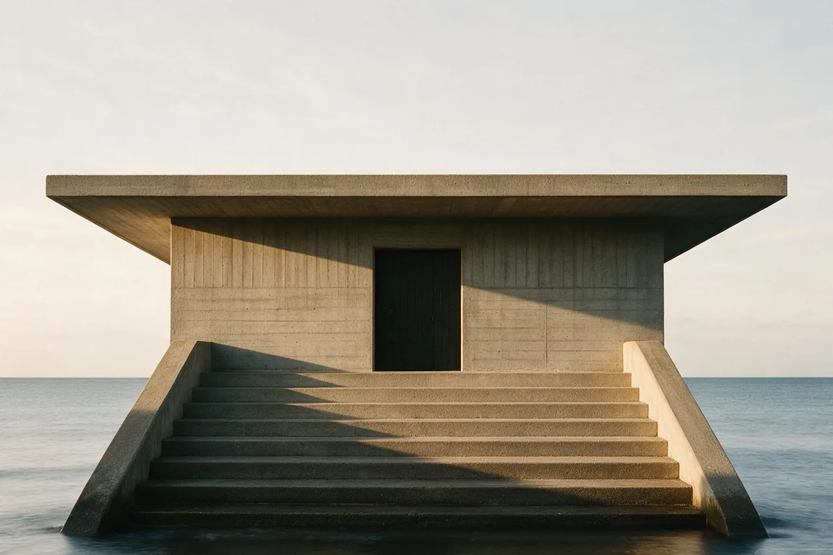 Low concrete bathing pavilion at the edge of a calm grey sea with wide steps descending into the water