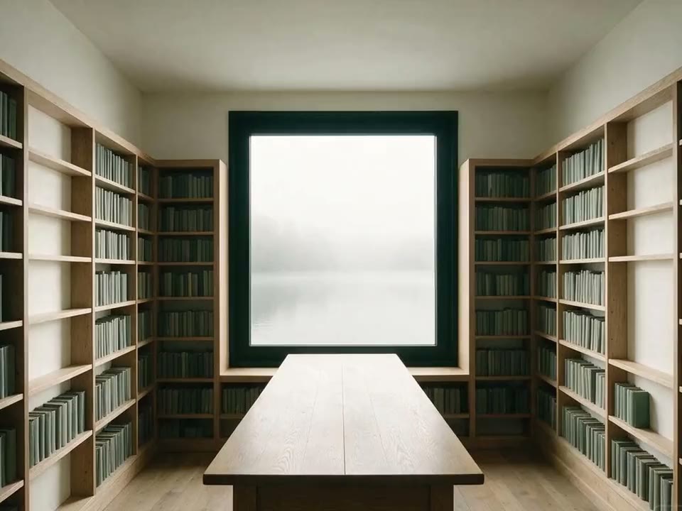 The Vessel Library reading room, oak shelves and one square window onto fog over the lake