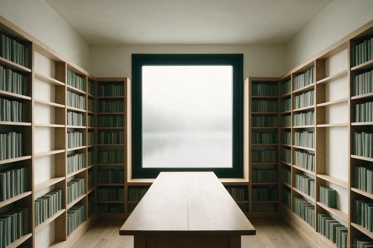 Small library reading room lined with oak shelves, one large square window looking onto fog over a lake