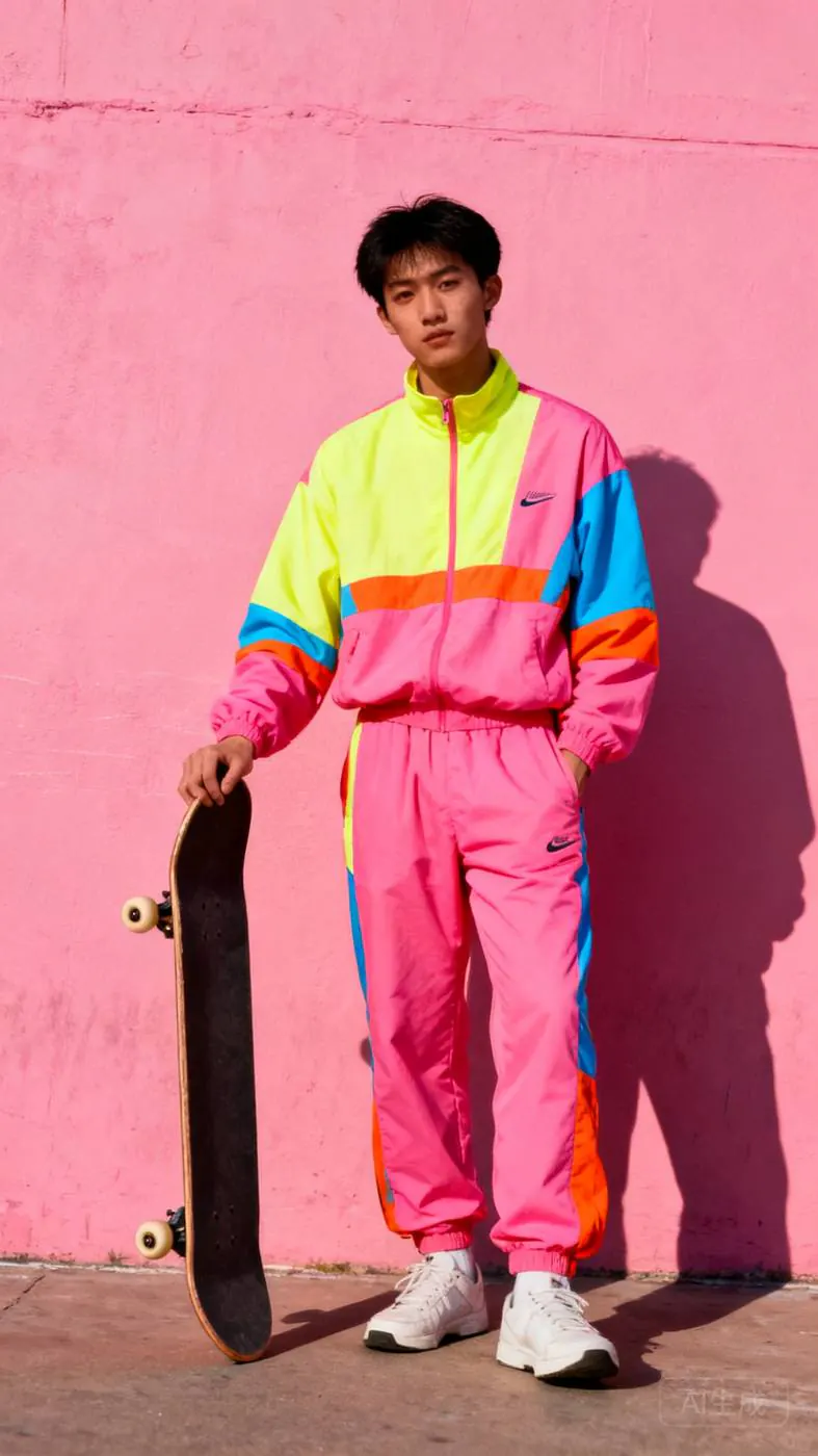 The skater, in a yellow, pink and blue tracksuit, holding a skateboard