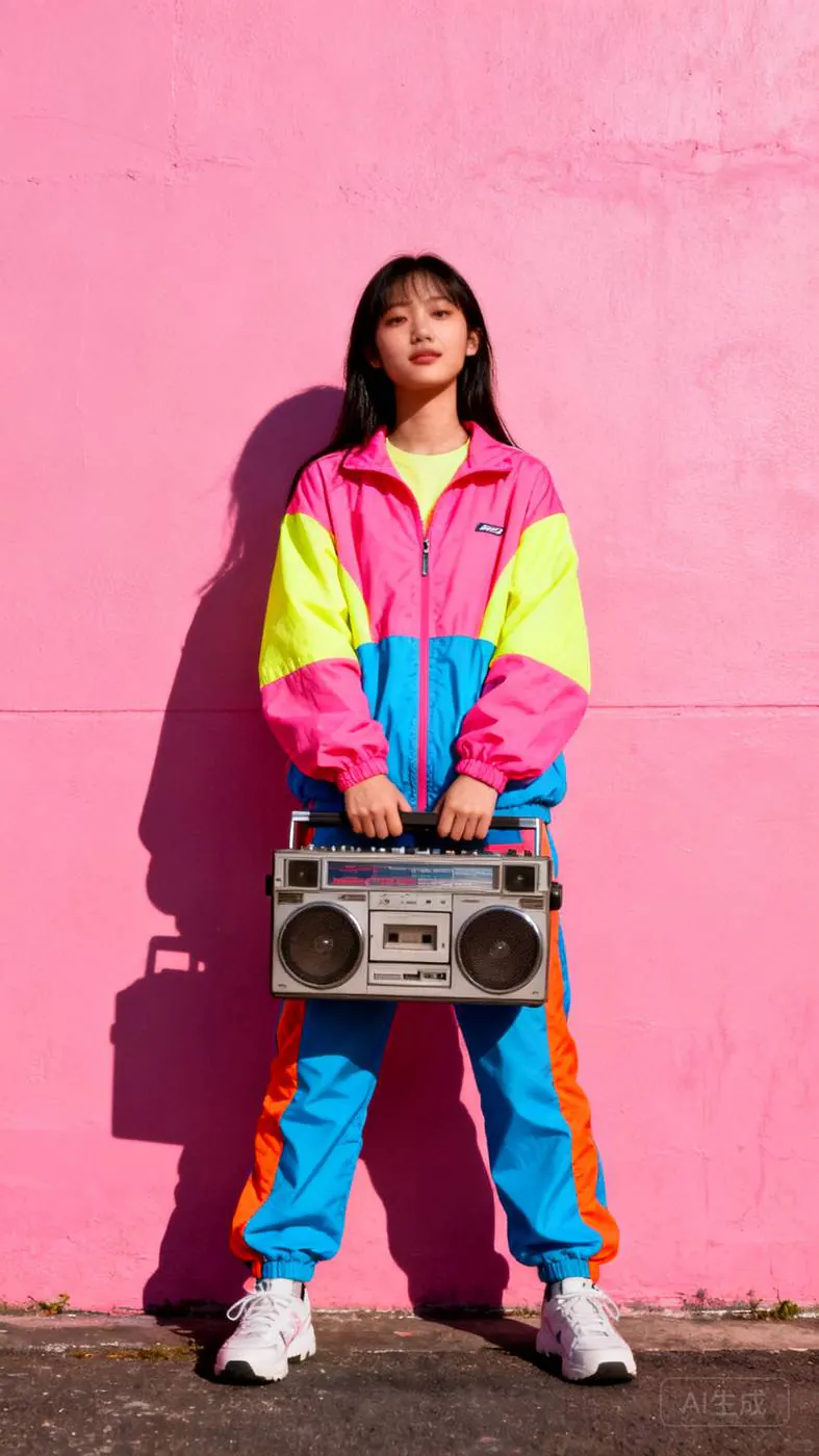 The DJ, in a pink, yellow and blue tracksuit, holding a boombox