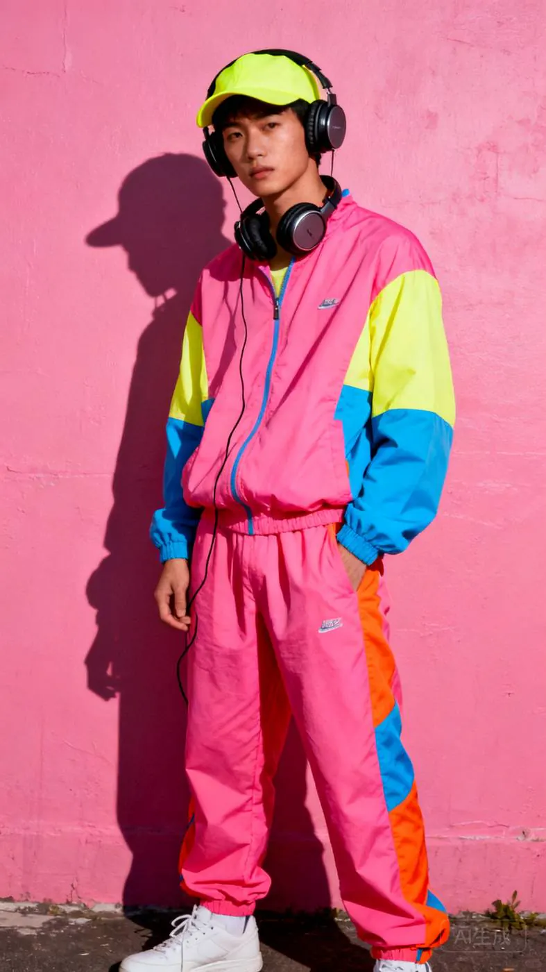 The listener, in a pink and yellow tracksuit with headphones round his neck