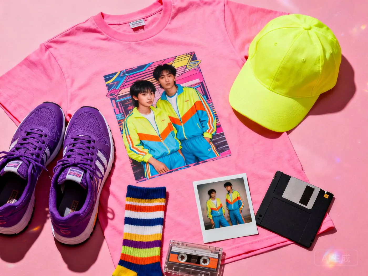 Flat lay of the drop: pink tee, neon cap, violet runners and striped socks with a polaroid, a cassette and a floppy disk