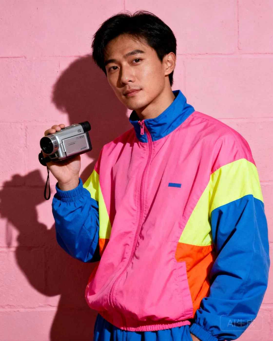 Retro Pop founder in a pink and blue windbreaker, holding a vintage camcorder