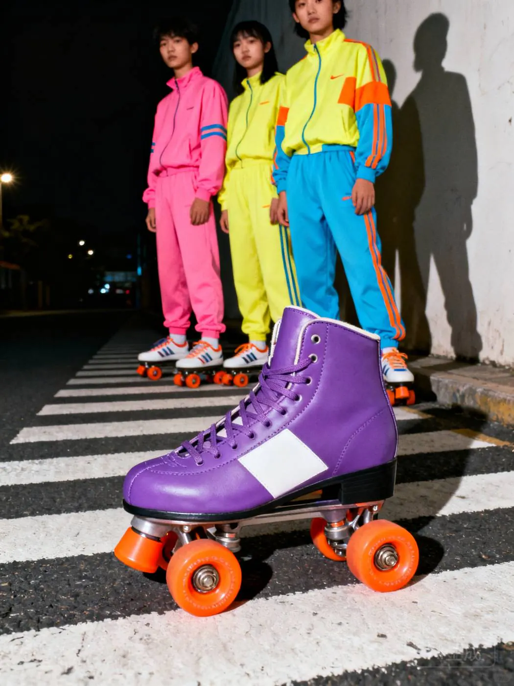 Three friends in pink, yellow and blue tracksuits on a crosswalk at night, a purple roller skate in front