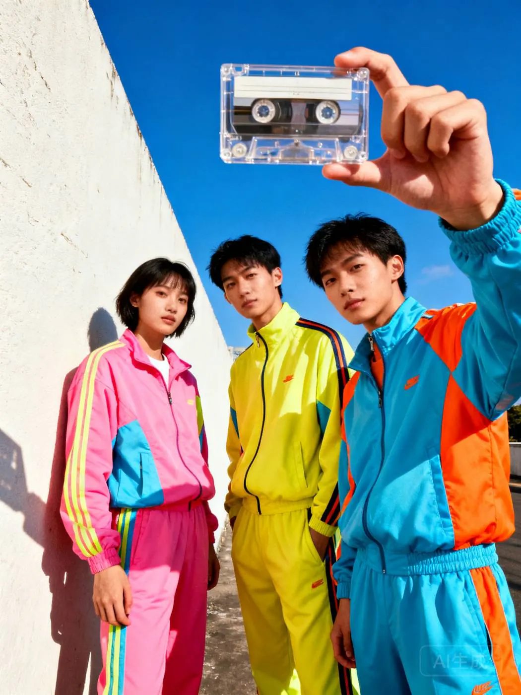Friends in neon track jackets under a blue sky, one holding up a cassette tape