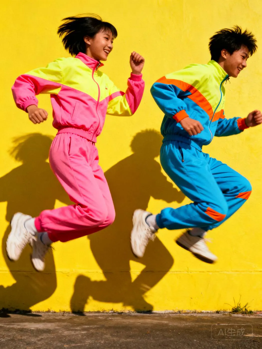 Two friends in pink and blue tracksuits jumping in front of a yellow wall