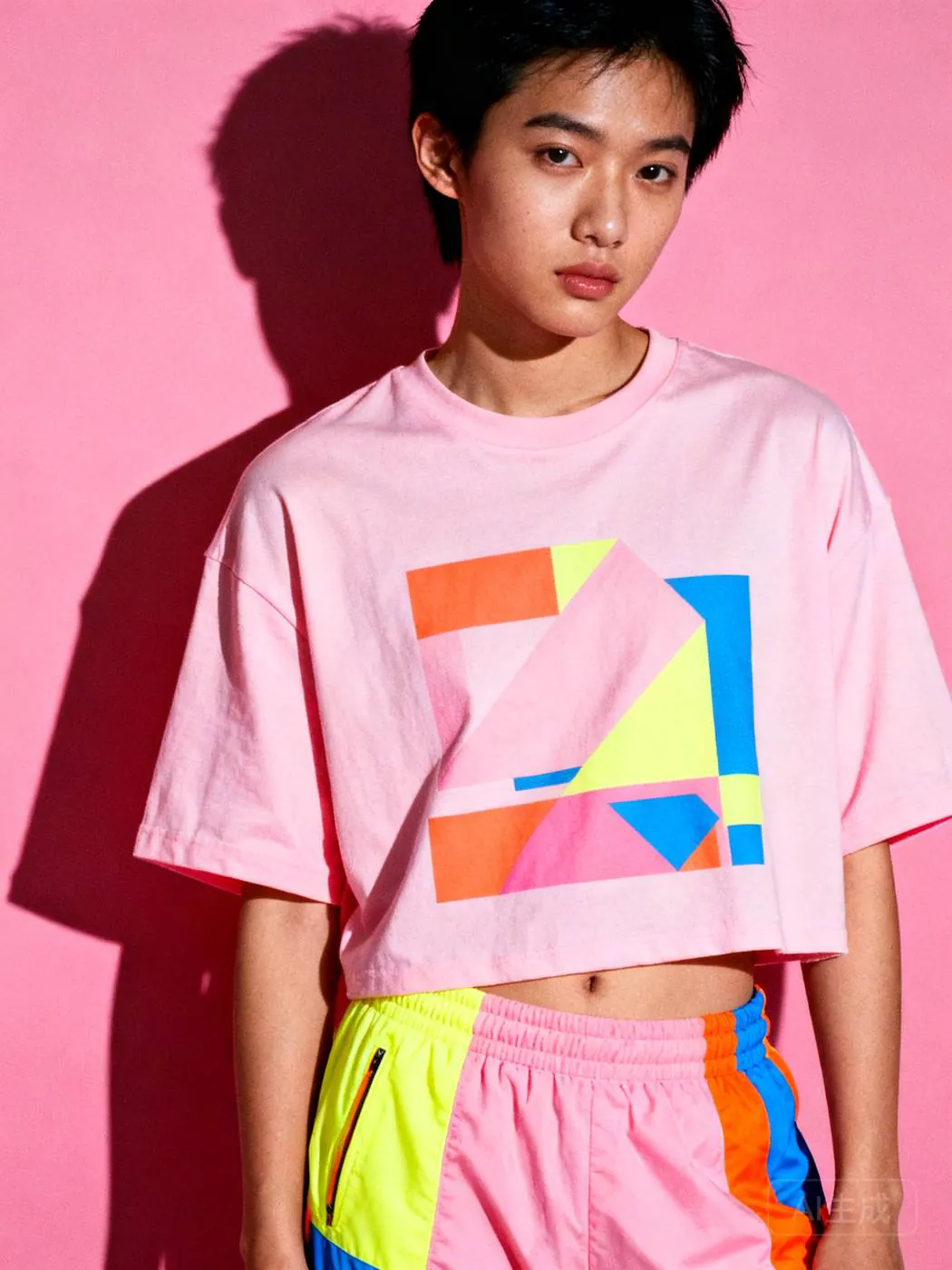 Retro Pop Tee in pink with a colour-block geometric print, worn with pink track shorts