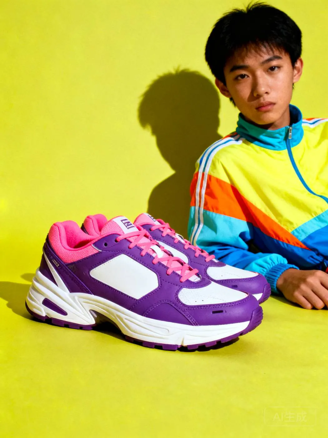 Studio Runner sneaker in violet and white on a yellow backdrop
