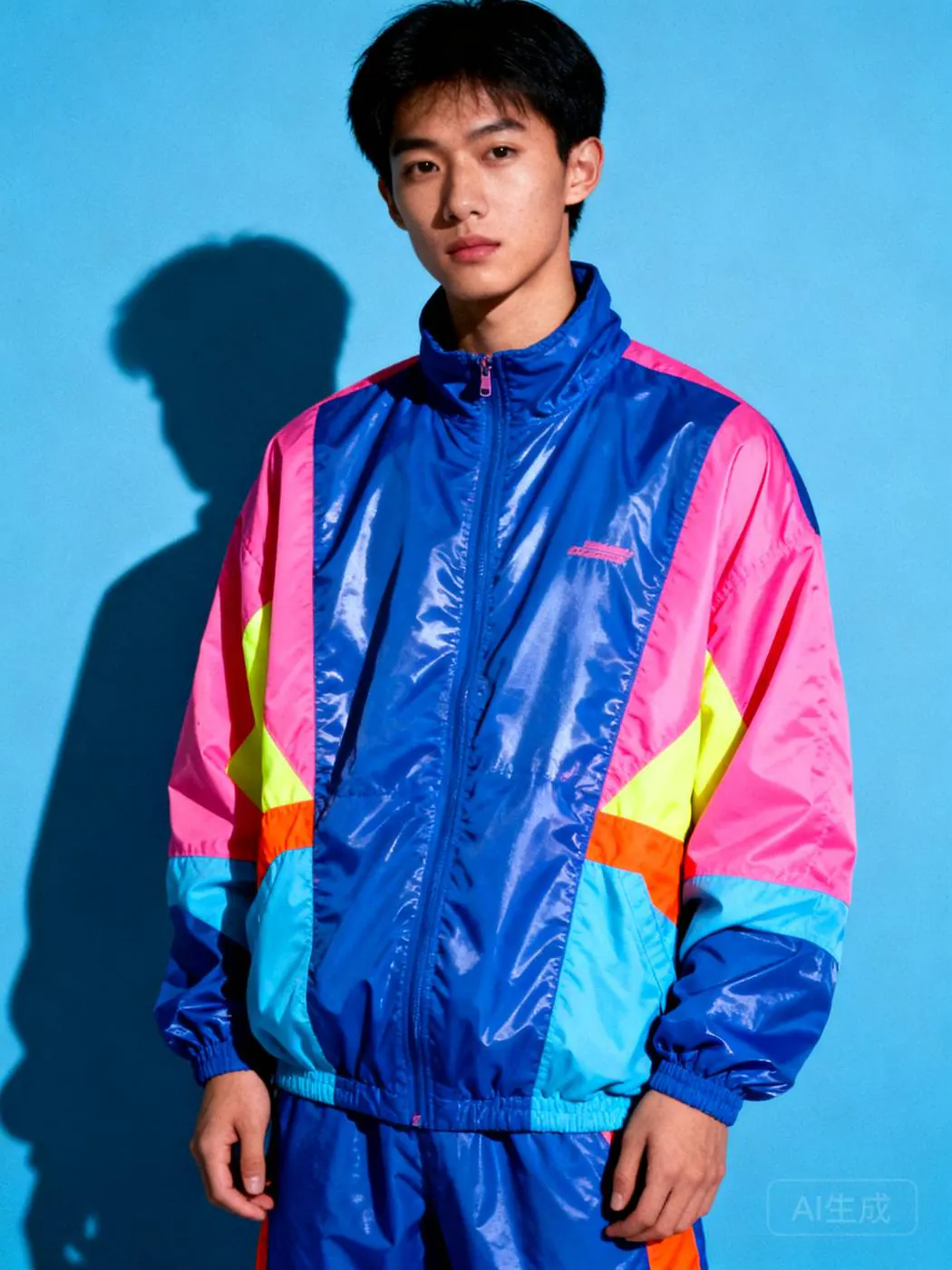 Crew Windbreaker in glossy blue nylon with pink, orange and yellow panels