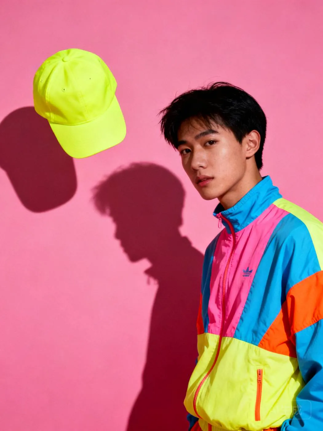 Neon Cap in fluorescent yellow, tossed in the air beside a model in a colour-block jacket