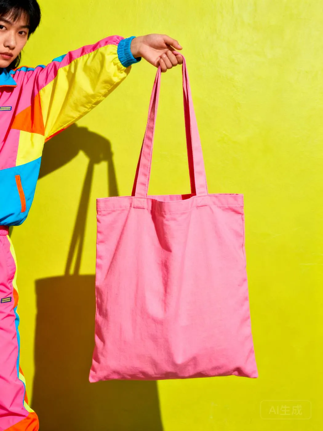 Canvas Tote in pink, held up against a yellow wall