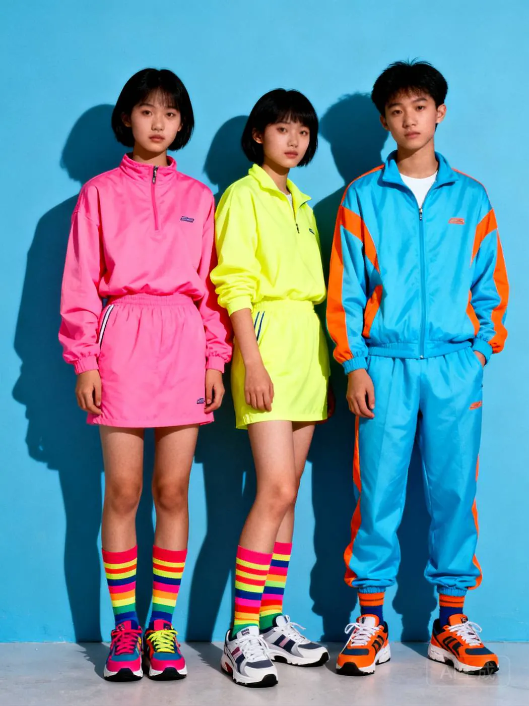 Stripe Socks in rainbow stripes, worn by three friends in colour-block outfits