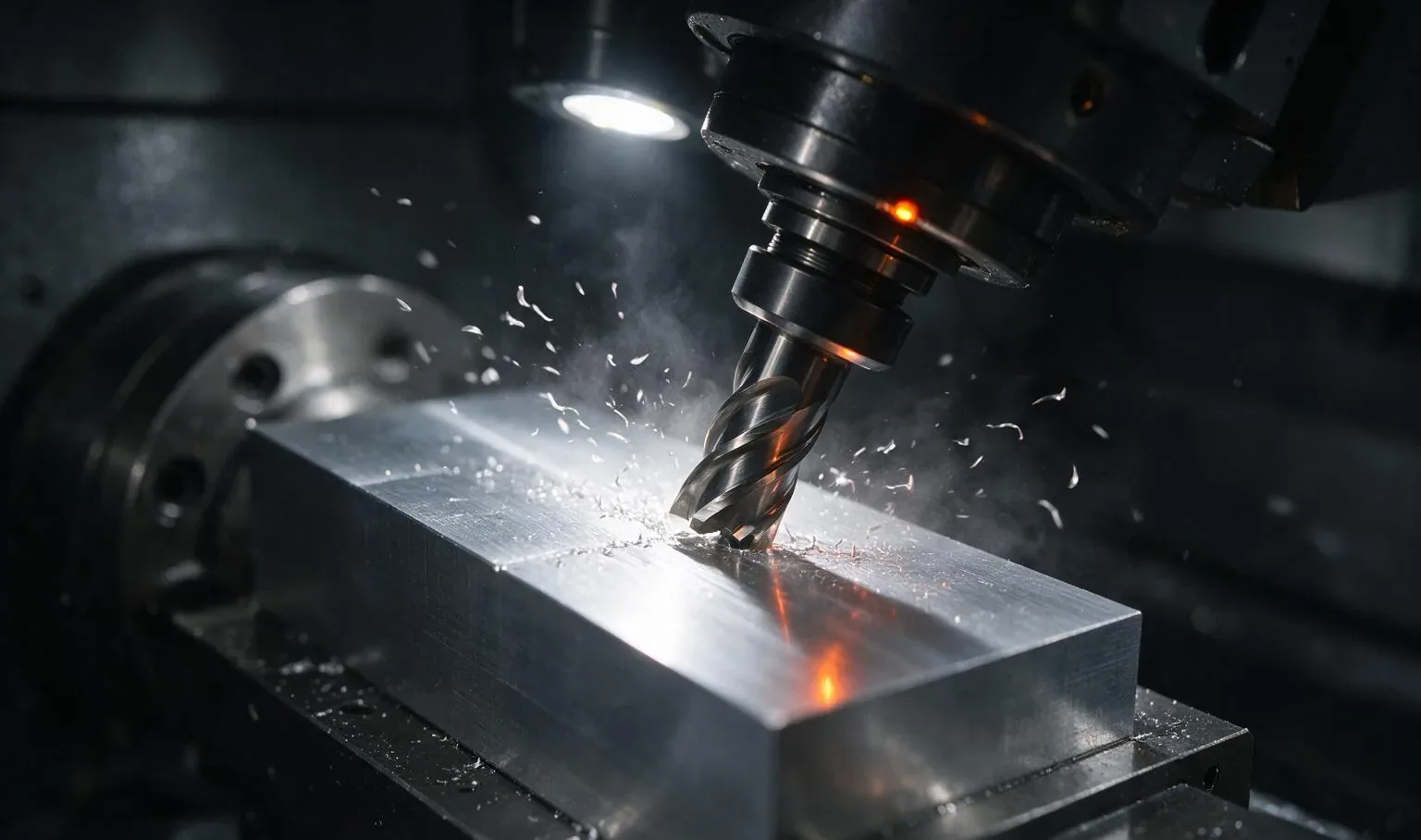 Carbide end mill cutting a brushed aluminium block inside a five-axis machining centre