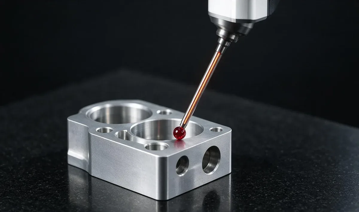 Ruby-tipped CMM touch probe measuring a machined aluminium housing on a granite plate