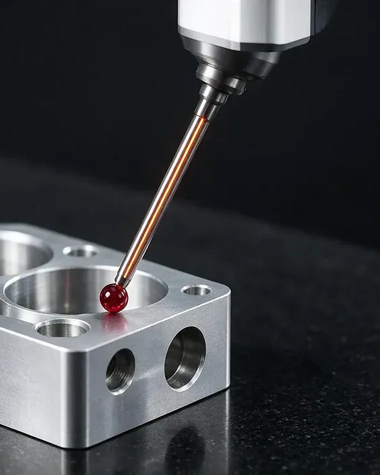 Ruby probe tip touching the bore of a machined aluminium housing