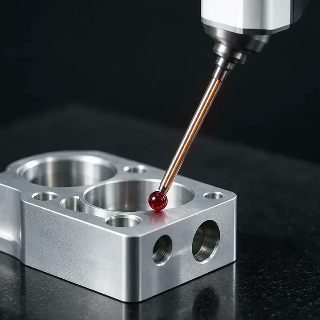 Ruby-tipped touch probe checking a machined aluminium housing under inspection-room light