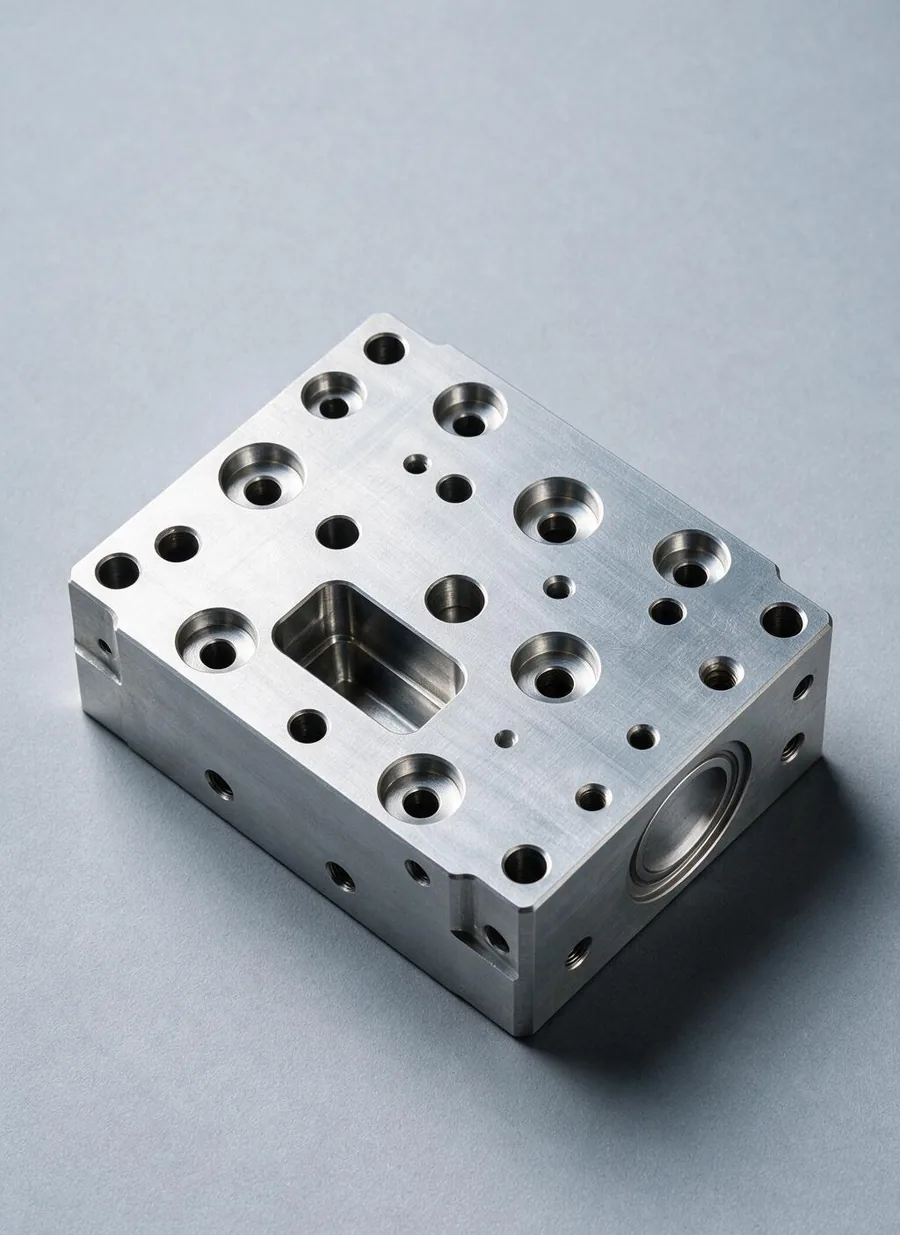 Aluminium hydraulic manifold block with counterbored ports and a milled rectangular pocket